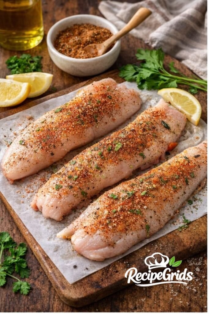 raw redfish fillets seasoned with cajun spices for acadian redfish recipe