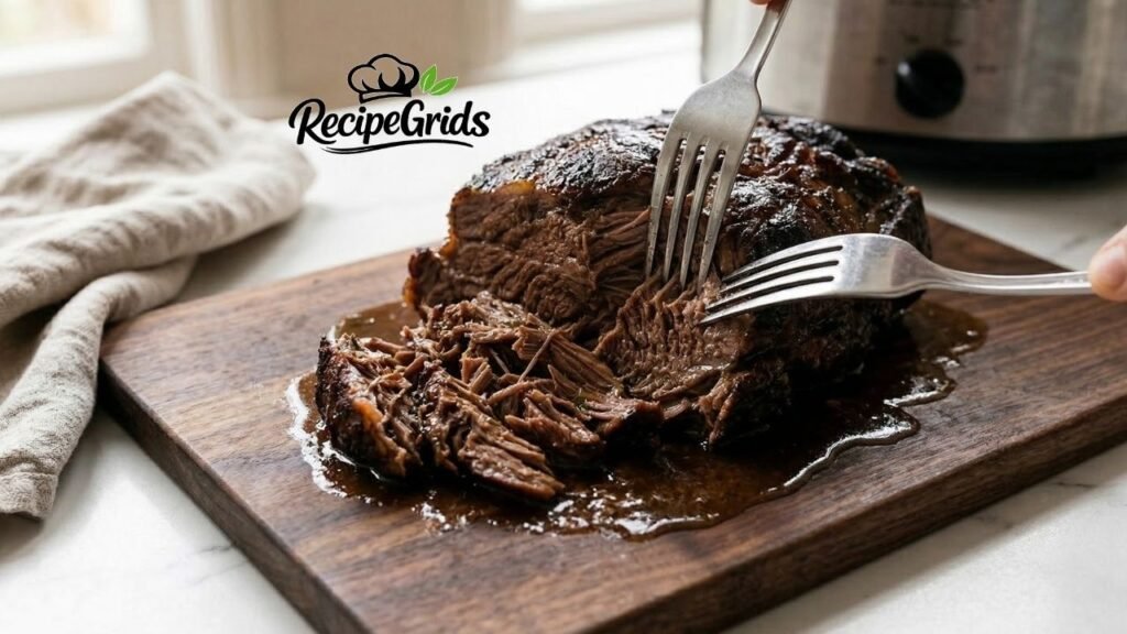 Using two forks to shred a melt-in-your-mouth, tender slow cooker beef rump roast on a wooden cutting board covered in rich brown gravy.