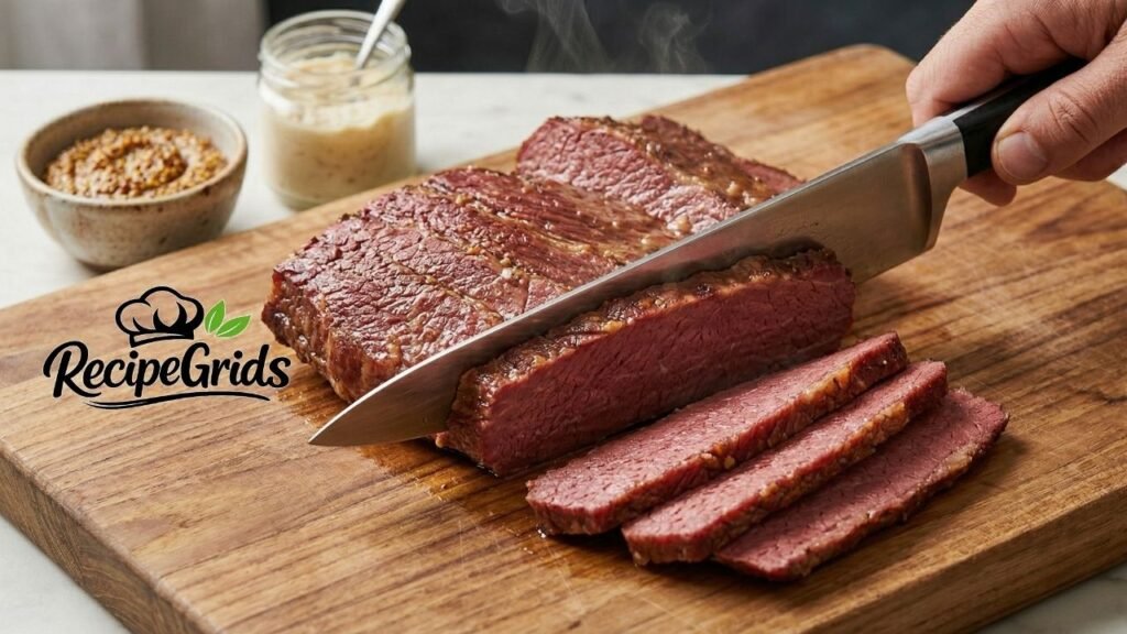 A chef using a large knife to slice a steaming hot corned beef brisket against the grain on a wooden cutting board, with mustard and horseradish jars in the background.
