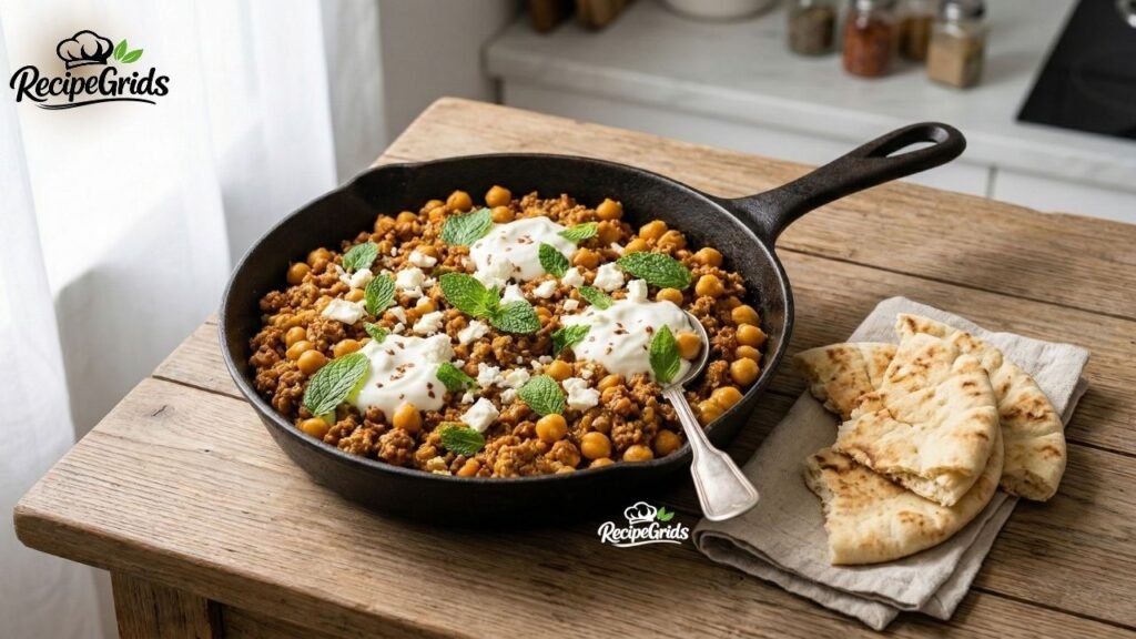 A rustic cast-iron skillet holding RecipeGrids’ quick recipe jalbiteworldfood Spiced Lamb & Chickpea One-Pan Skillet with pitta bread.