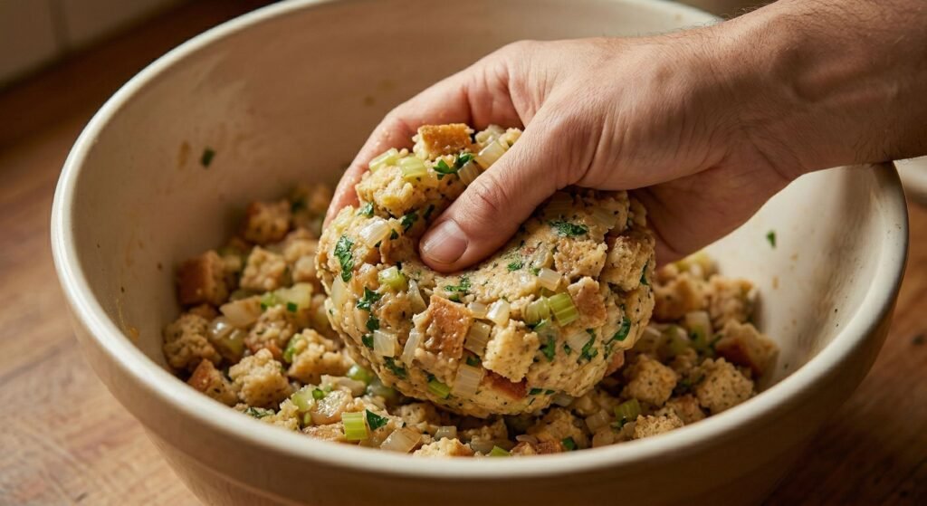 A chef's hand performing the squeeze test on an herb and bread stuffing mixture inside a vintage ceramic bowl, ensuring the perfect binding for a 1940s stuffing balls recipe.