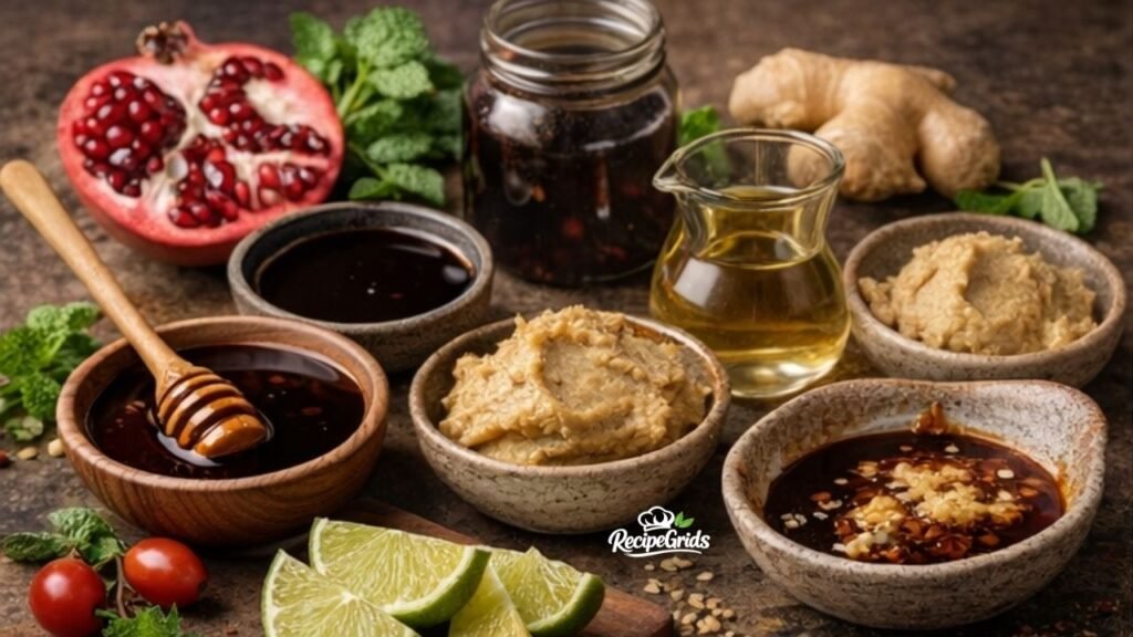 A rustic, dark-mood arrangement of marinade ingredients including a fresh split pomegranate, a bowl of savory miso paste, hot honey with a wooden dipper, dark pomegranate molasses, minced garlic with chili, fresh ginger root, and lime wedges.