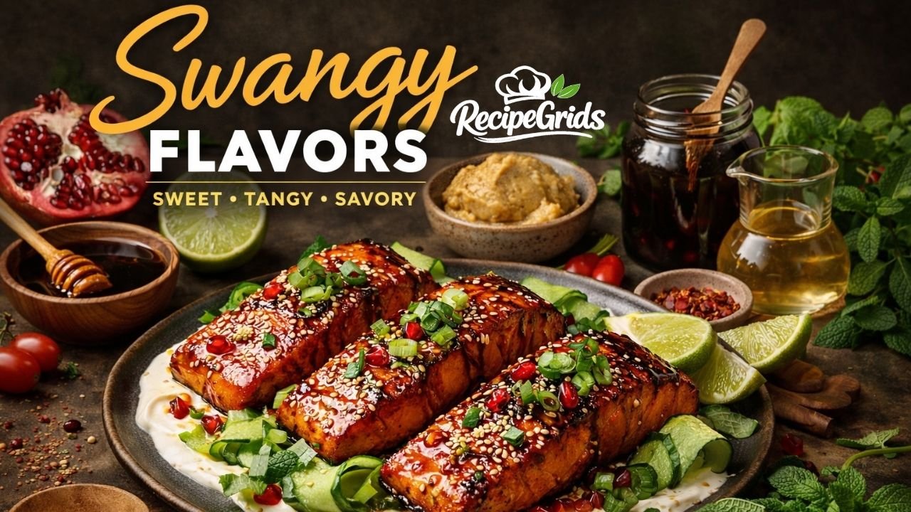 Three glossy pomegranate-glazed salmon fillets topped with sesame seeds, spring onions, and pomegranate arils, resting on creamy yogurt and cucumber ribbons. Surrounded by recipe ingredients like hot honey, fresh limes, and dark molasses.