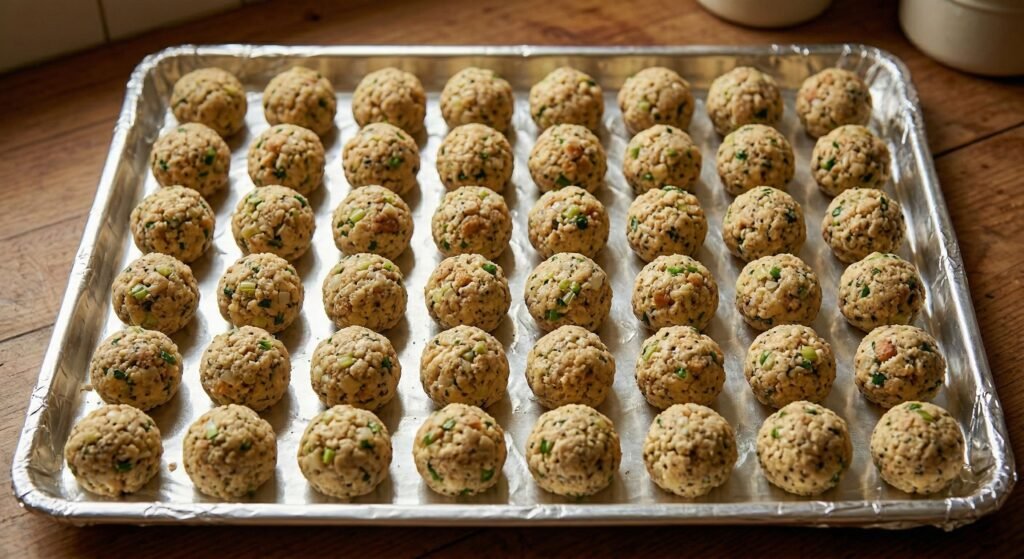 A foil-lined baking sheet filled with neatly arranged, uncooked 1940s bread stuffing balls made with celery and herbs, ready to be baked in the oven.