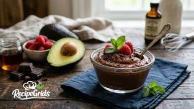 A rich and creamy vegan avocado chocolate mousse served in a glass bowl, garnished with fresh raspberries, mint leaves, and chocolate shavings. The bowl sits on a blue napkin on a rustic wooden table, surrounded by ingredients like a halved fresh avocado, dark chocolate chunks, and a jar of maple syrup.