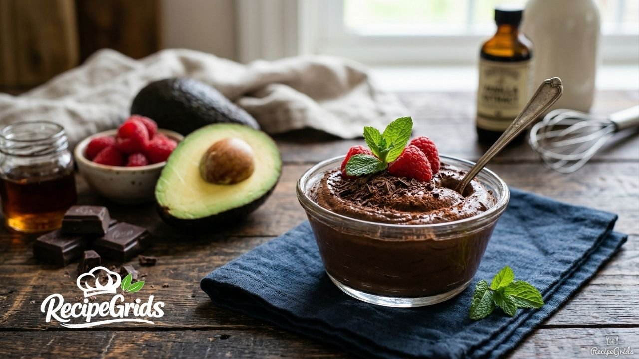 A rich and creamy vegan avocado chocolate mousse served in a glass bowl, garnished with fresh raspberries, mint leaves, and chocolate shavings. The bowl sits on a blue napkin on a rustic wooden table, surrounded by ingredients like a halved fresh avocado, dark chocolate chunks, and a jar of maple syrup.