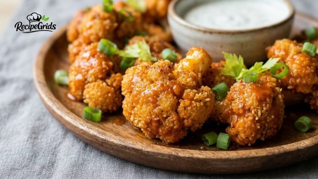 Close-up of crispy vegan buffalo cauliflower wings garnished with green onions and celery, served on a wooden plate with a side of vegan ranch dip.