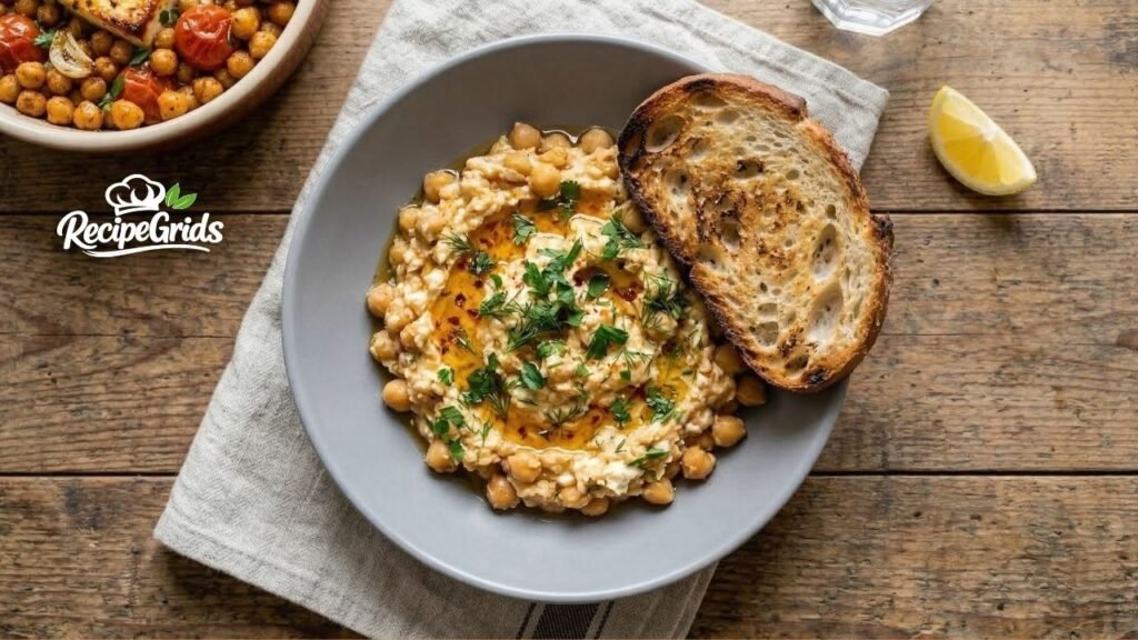 An appetizing top-down view of warm, textured mashed chickpea dip with fresh dill, parsley, red pepper flakes, and olive oil, in a grey bowl with a slice of toasted sourdough bread on a rustic wooden table, by RecipeGrids.
