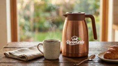 Zojirushi Matte Copper Thermal Coffee Carafe with RecipeGrids logo next to a steaming mug and fresh croissant, lifestyle morning coffee scene.