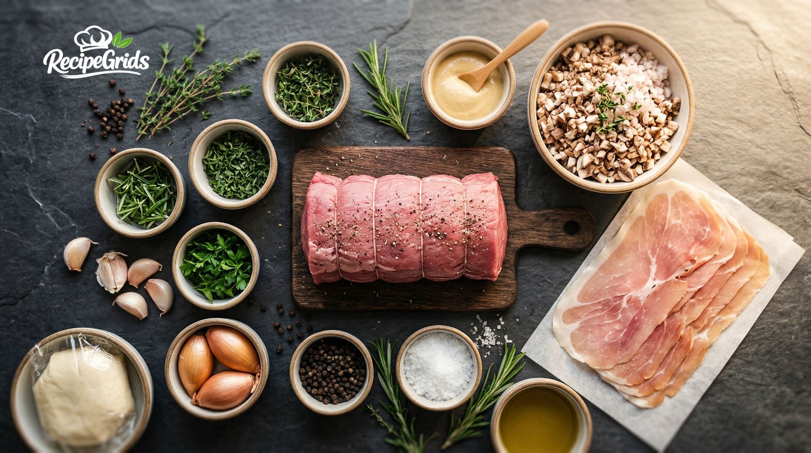 Beef Wellington plated on wooden table