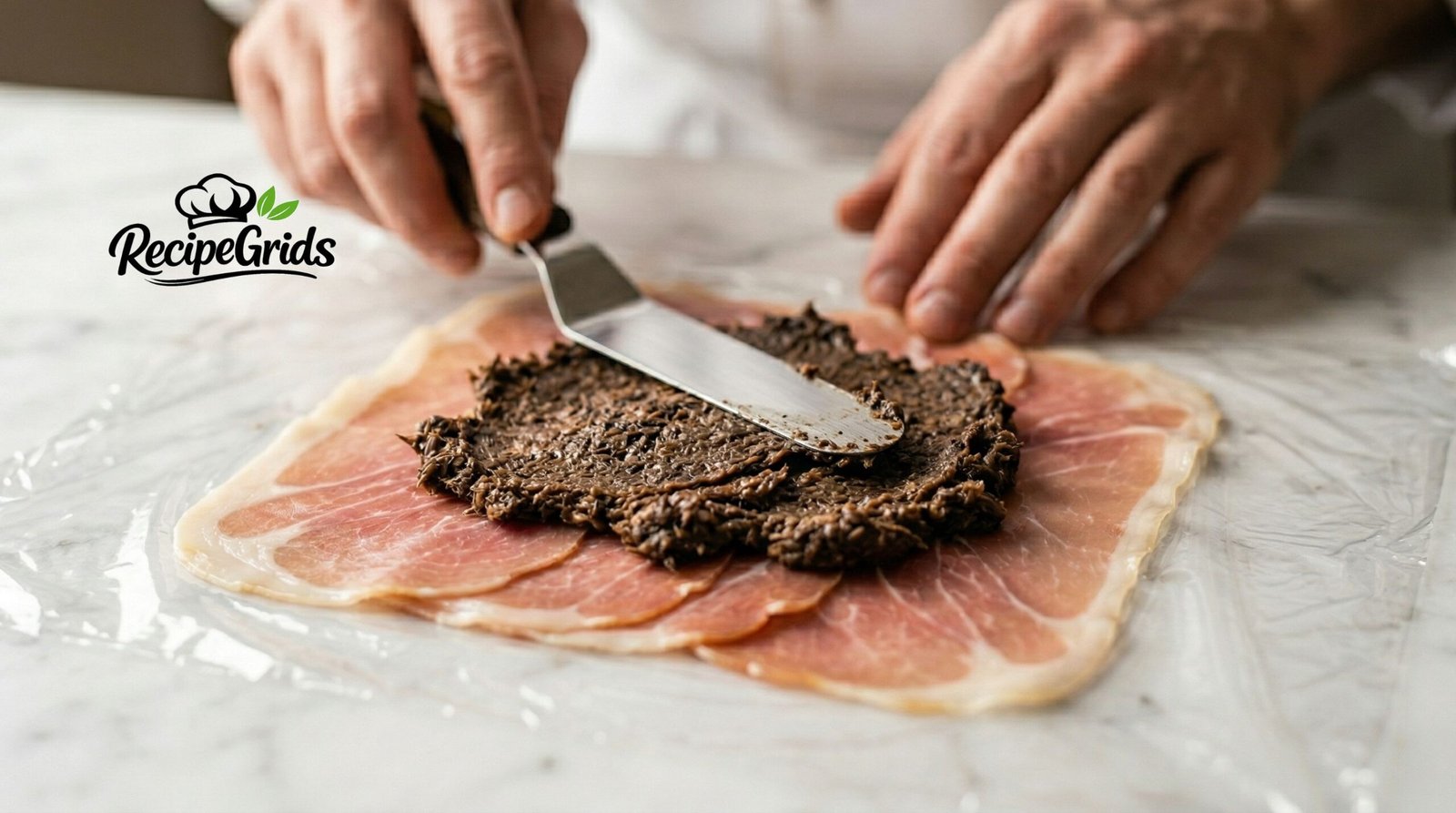 Beef Wellington plated on wooden table