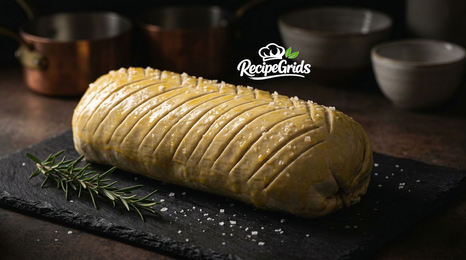 Beef Wellington plated on wooden table