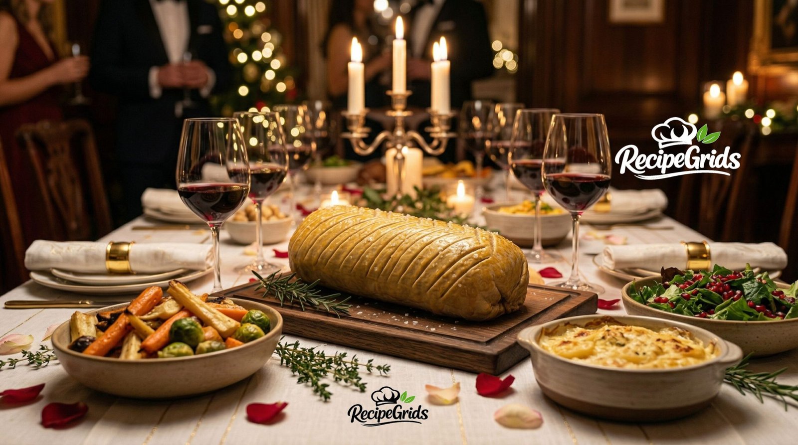 Beef Wellington plated on wooden table