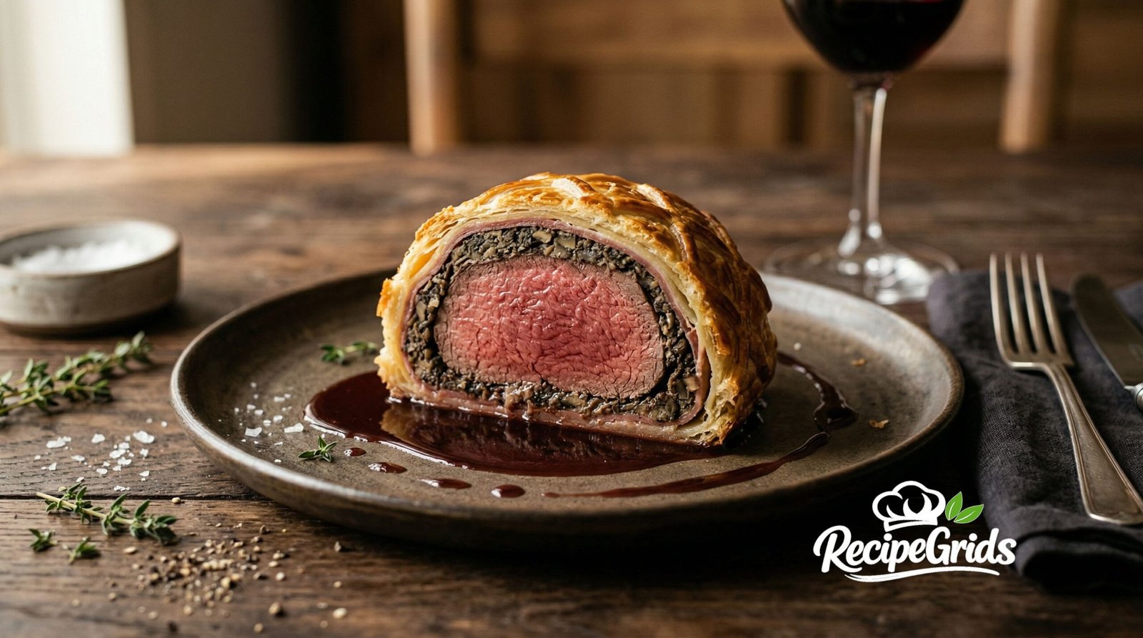 Beef Wellington plated on wooden table