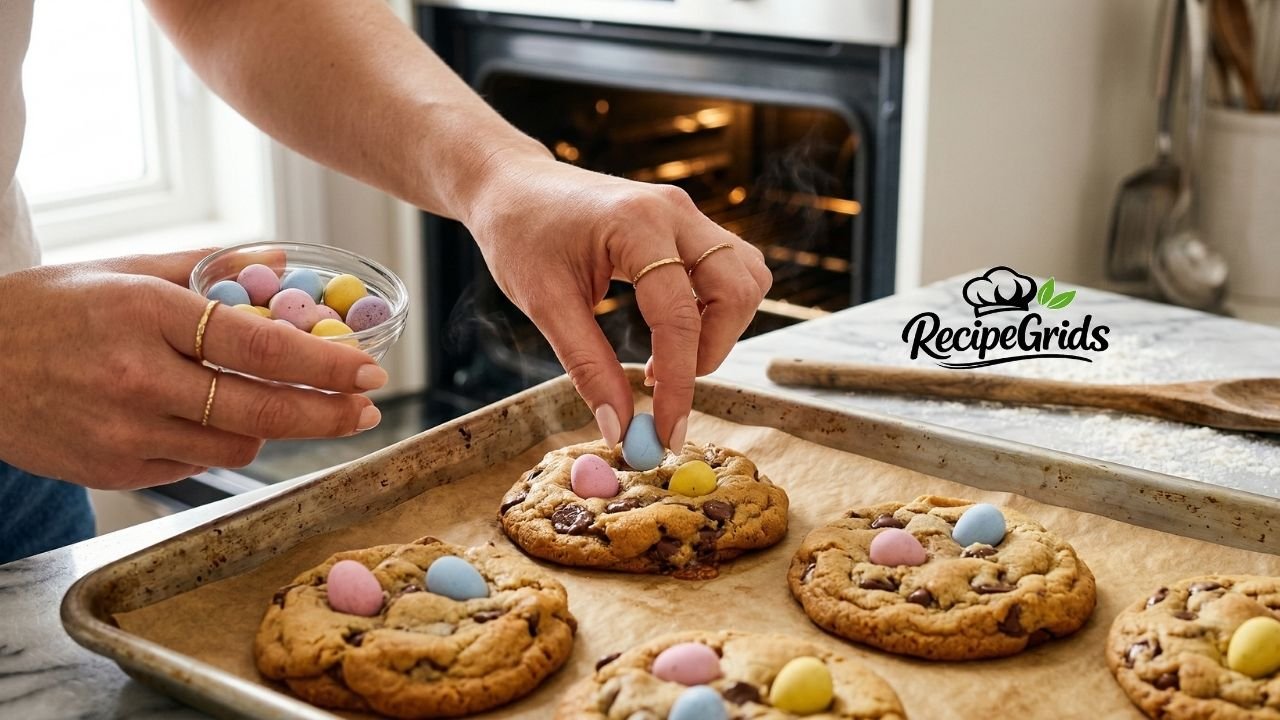 Hands pressing colorful Cadbury Mini Eggs into freshly baked warm cookies on a baking sheet