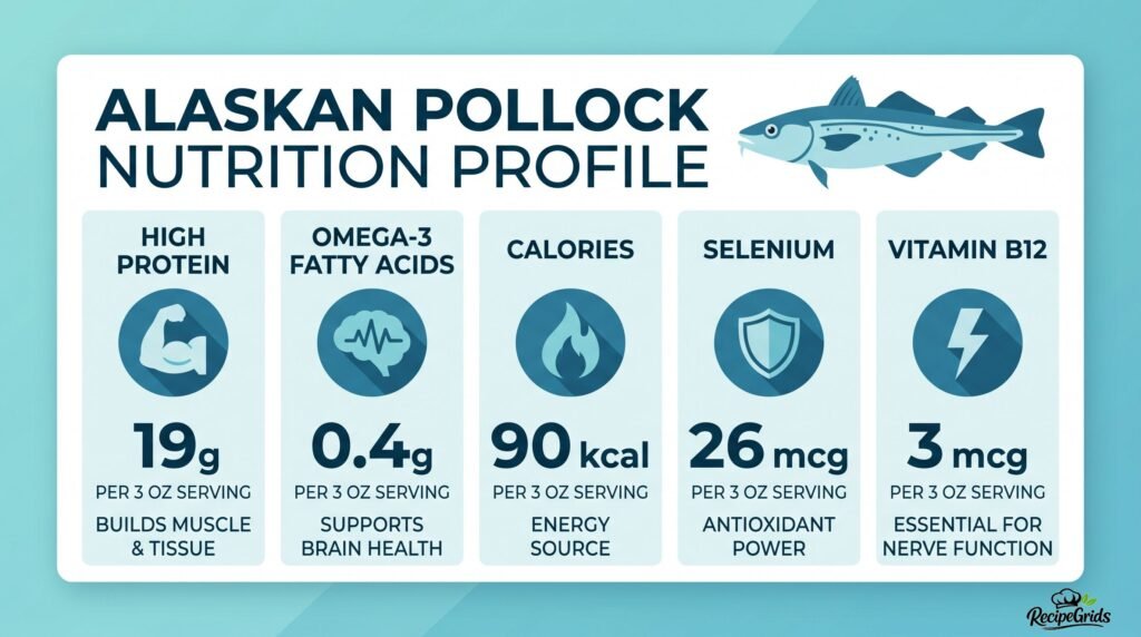 Infographic detailing the Alaskan Pollock nutrition profile, highlighting its high protein, omega-3 fatty acids, low calories, selenium, and vitamin B12 content.