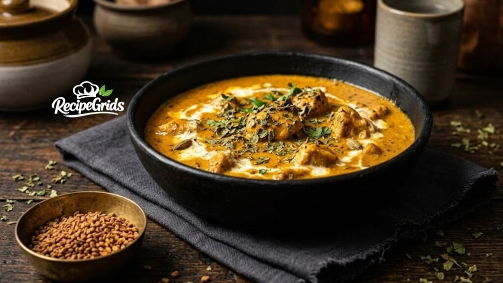 Rich golden butter chicken curry in a matte black bowl, garnished with dried foenegriek leaves (kasuri methi) and fresh cream, served on a dark wooden table with a side of foenegriek seeds.