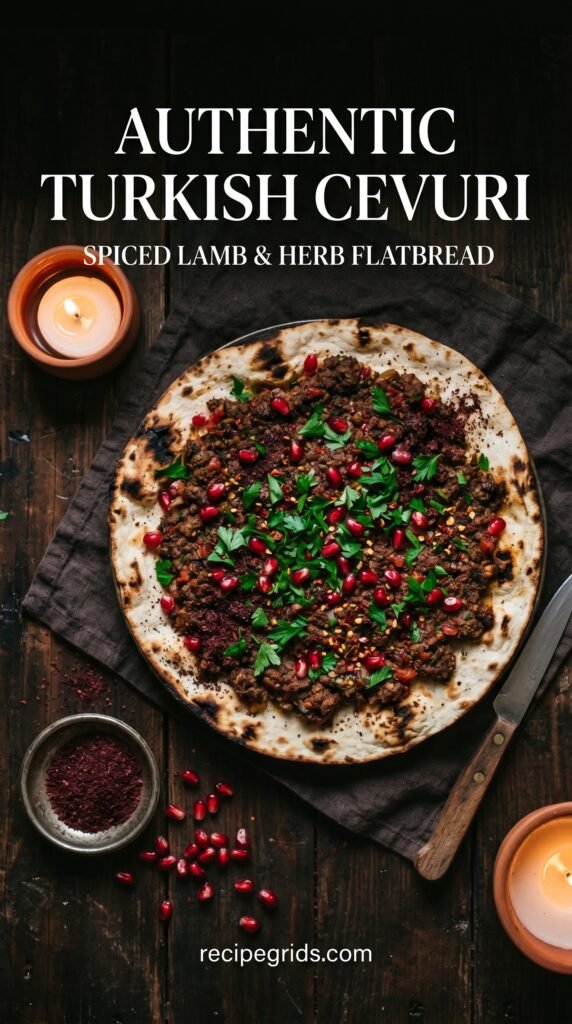 Authentic Turkish Cevurı sautéed meat served on a large charred lavaş flatbread.