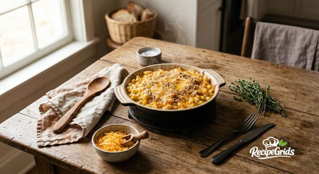 An appetizing, golden-baked macaroni and cheese in a round ceramic dish on a rustic wood table. Surrounding it are a bowl of shredded cheddar, a wooden spoon on a napkin, fresh thyme sprigs, and a basket of bread in the background. Natural light from a window and the RecipeGrids logo are present.