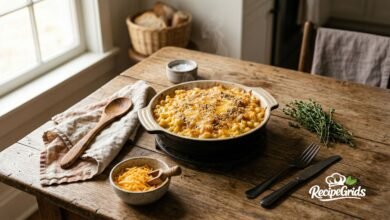 An appetizing, golden-baked macaroni and cheese in a round ceramic dish on a rustic wood table. Surrounding it are a bowl of shredded cheddar, a wooden spoon on a napkin, fresh thyme sprigs, and a basket of bread in the background. Natural light from a window and the RecipeGrids logo are present.