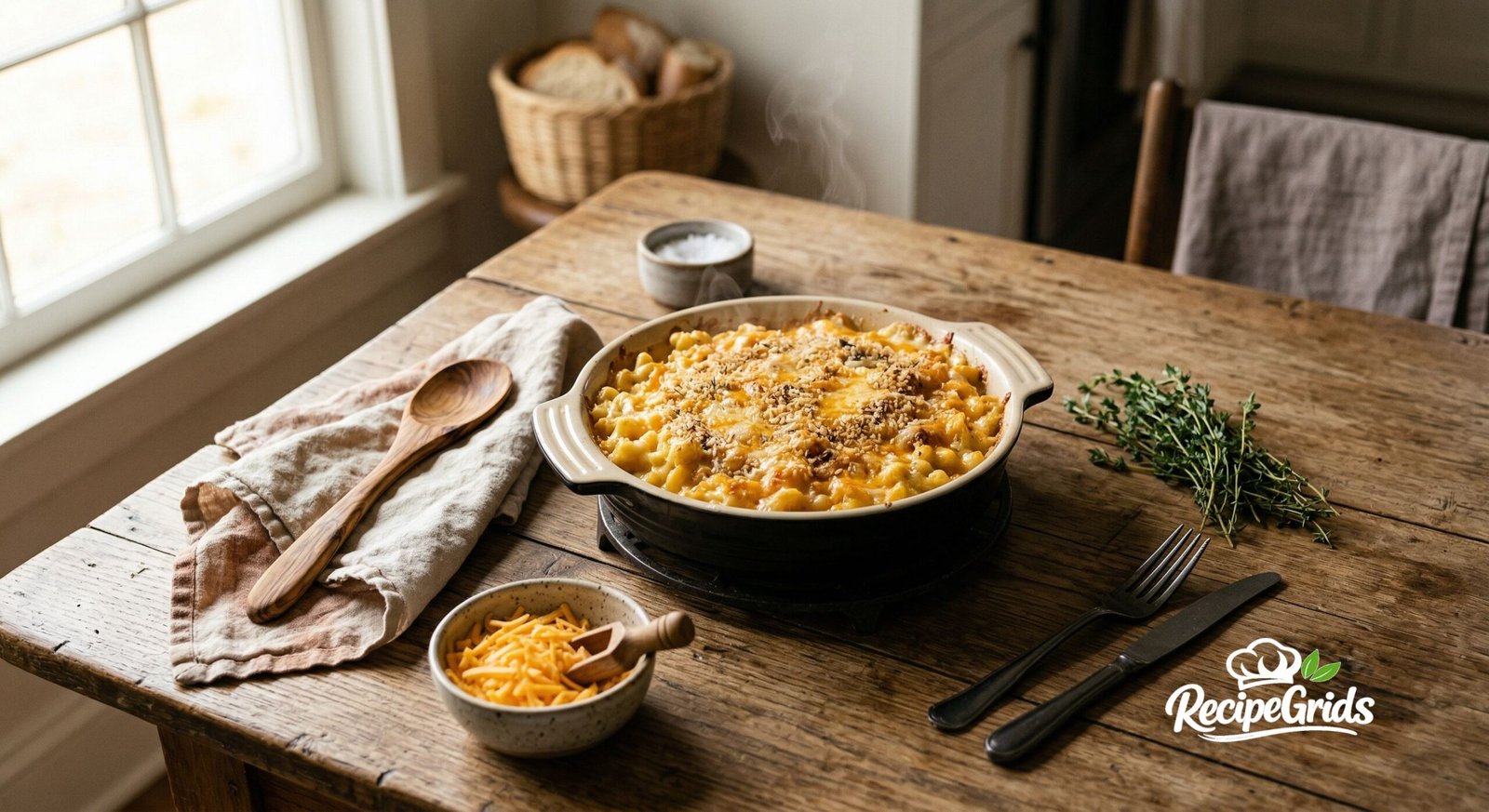An appetizing, golden-baked macaroni and cheese in a round ceramic dish on a rustic wood table. Surrounding it are a bowl of shredded cheddar, a wooden spoon on a napkin, fresh thyme sprigs, and a basket of bread in the background. Natural light from a window and the RecipeGrids logo are present.