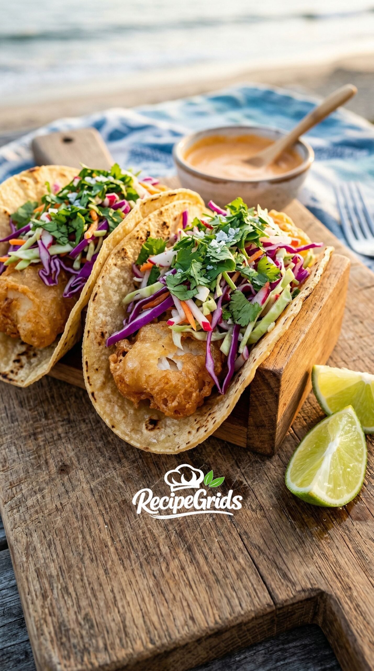 Fish tacos and coleslaw recipe - assembled tacos on wooden board with lime wedges and fresh cilantro