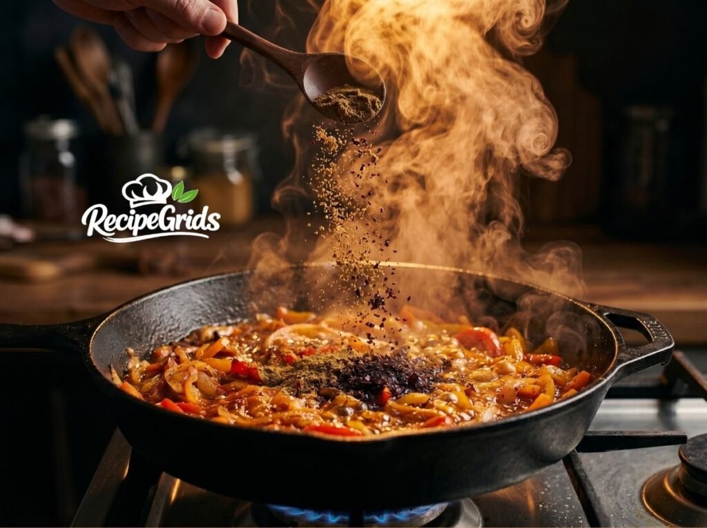 Sprinkling ground cumin and dark isot biber spices from a wooden spoon into a simmering pan of vegetables with aromatic steam rising.