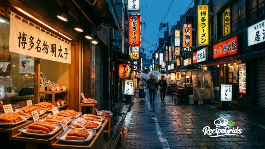 A traditional Japanese street market in Hakata at dusk, featuring a local deli shop window displaying fresh Mentaiko (spicy pollock roe) for sale, by RecipeGrids.