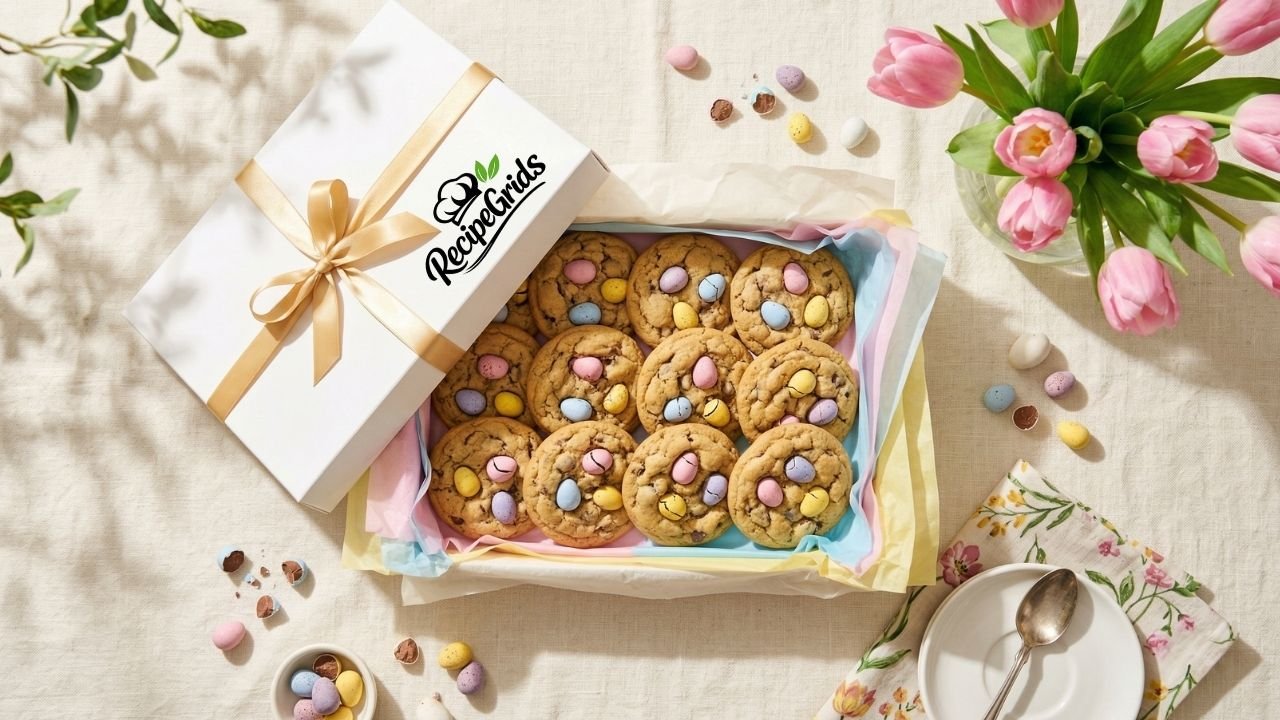 Cadbury Egg Cookies arranged in a gift box with pastel tissue paper and Mini Eggs scattered around