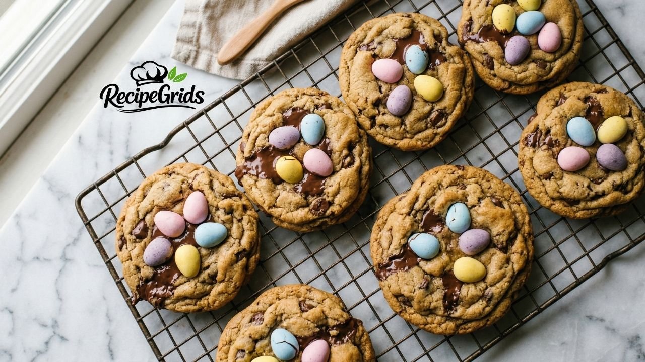 Freshly baked thick Cadbury egg cookies with gooey melted chocolate and pastel mini eggs on a wire cooling rack over a marble counter.