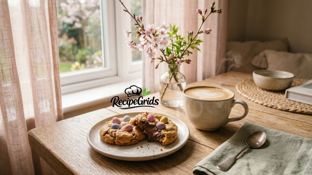 Cadbury Egg Cookies on a plate beside a steaming latte on an oak table in a cozy spring morning setting