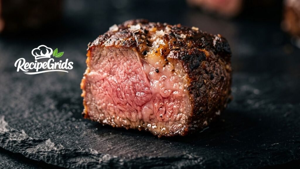 Extreme close-up cross-section of a sliced seared lamb cube showing a juicy pink, medium-well center and a dark, salty crust.