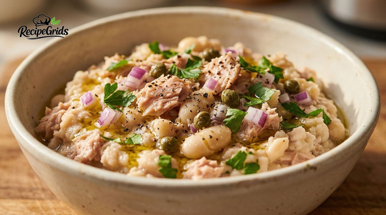 Close-up of finished tuna and white bean smash in a bowl