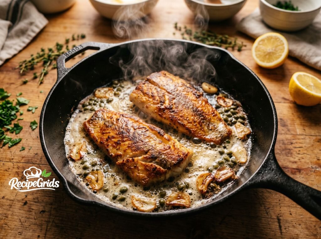 Two Alaskan Seiti fillets sizzling in a hot cast-iron skillet with foaming brown butter, roasted garlic cloves, and capers, with thick steam rising.