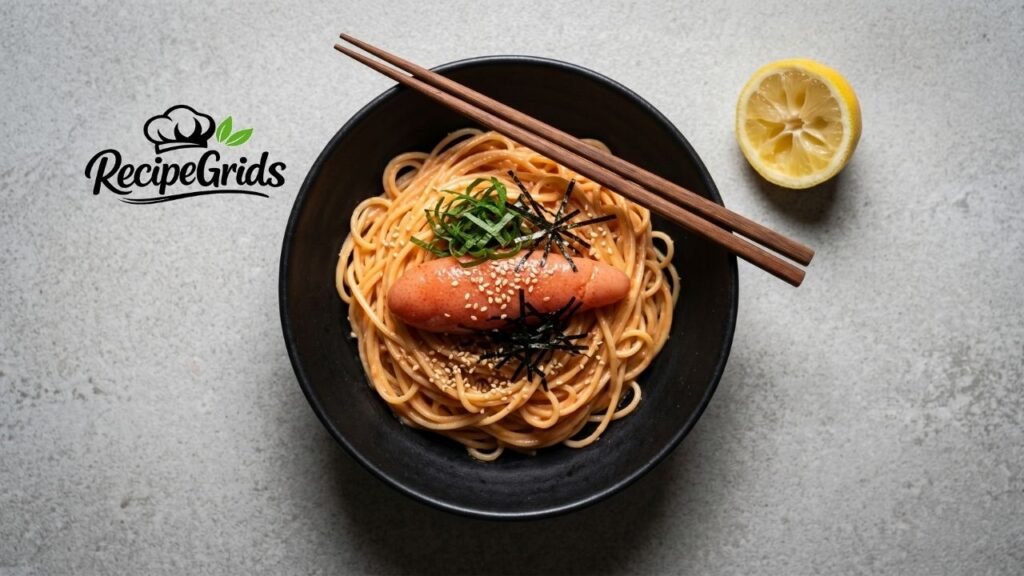 Overhead view of creamy Japanese Mentaiko pasta in a black bowl, garnished with a whole spicy pollock roe sac, shiso leaves, and nori, by RecipeGrids.