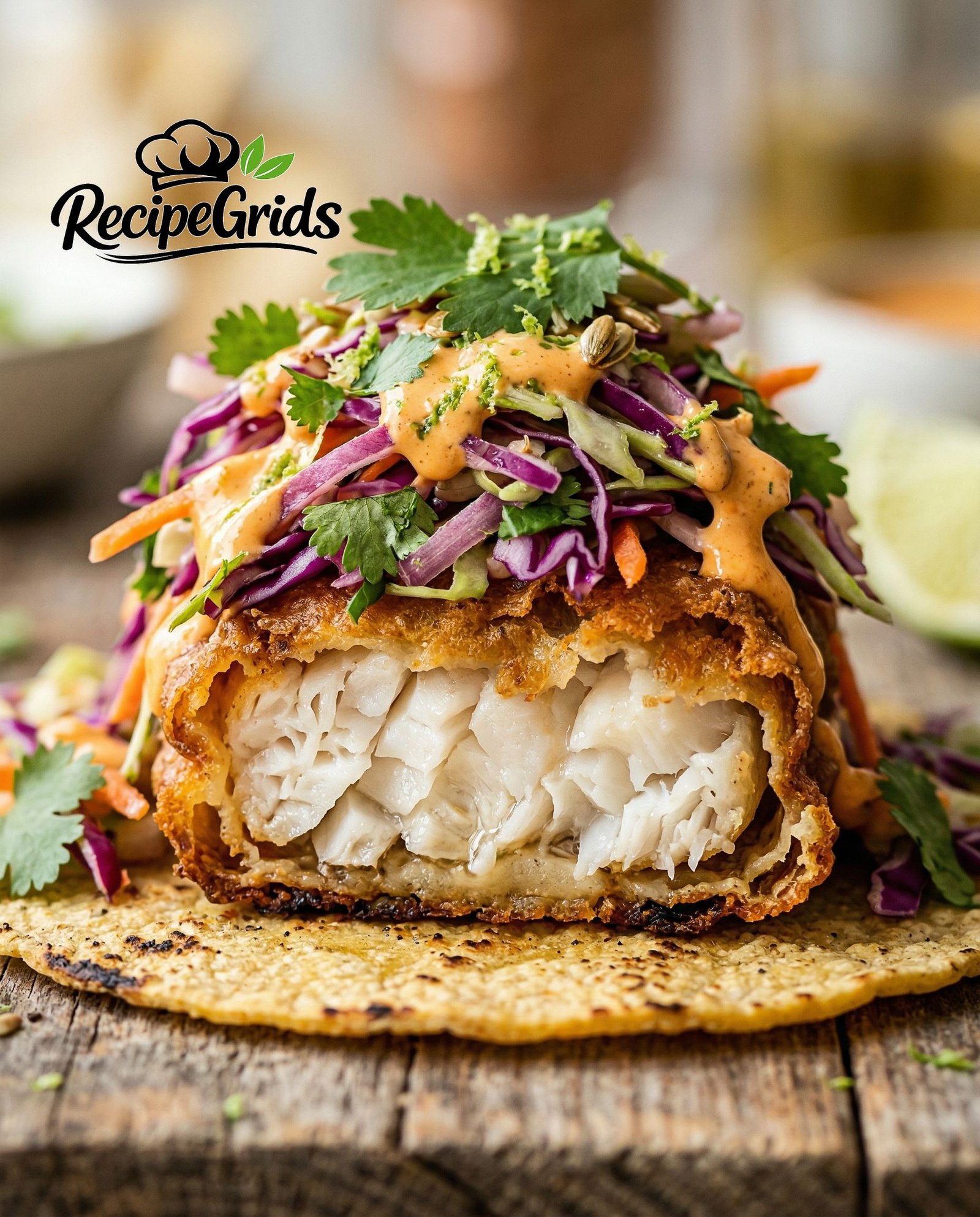Close-up macro shot of assembled fish taco showing crispy battered cod, colorful coleslaw, chipotle crema and fresh cilantro