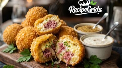 Crispy fried sauerkraut balls cut in half revealing a steaming creamy cheese and corned beef filling, served on a rustic wooden board with mustard and horseradish dipping sauces.
