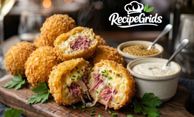 Crispy fried sauerkraut balls cut in half revealing a steaming creamy cheese and corned beef filling, served on a rustic wooden board with mustard and horseradish dipping sauces.
