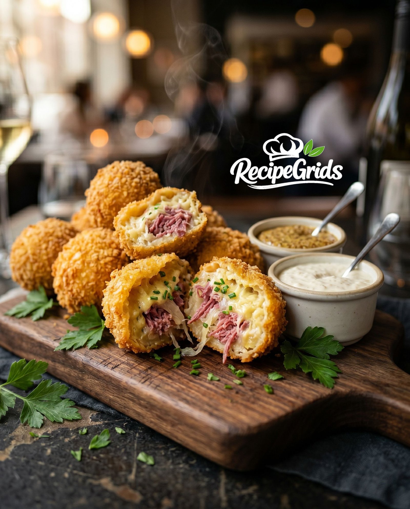 Crispy fried sauerkraut balls cut in half revealing a steaming creamy cheese and corned beef filling, served on a rustic wooden board with mustard and horseradish dipping sauces.