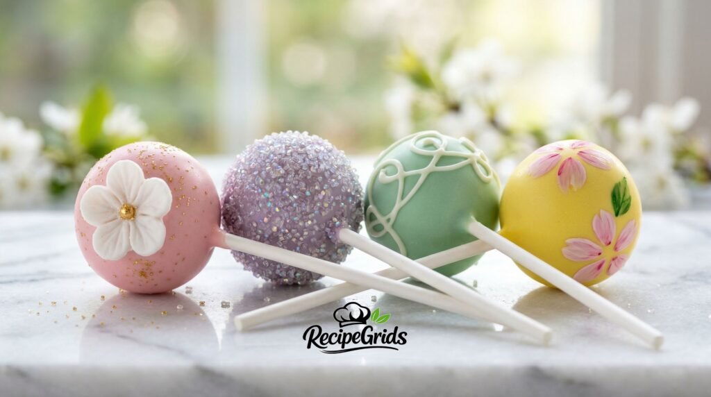 Macro close-up of four uniquely decorated spring cake pops in pastel pink, lavender, mint green, and yellow featuring floral sprinkles and shimmering sanding sugar.