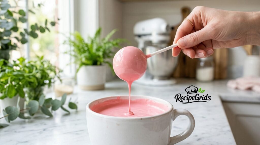 Action shot of a cake pop on a stick being dipped into smooth, melted pastel pink candy coating inside a white ceramic mug.