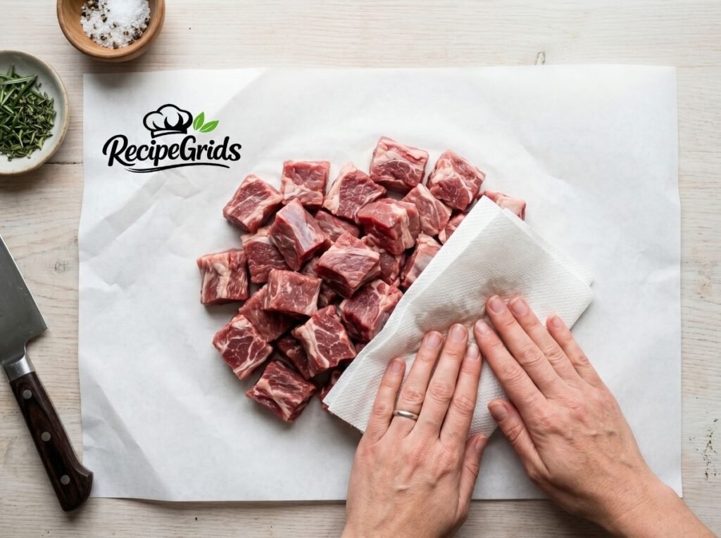 Patting raw lamb shoulder cubes completely dry with a paper towel to ensure a perfect sear for Turkish Cevurı.