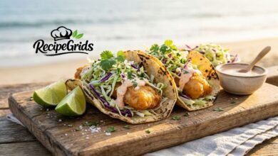 Crispy Baja-style fish tacos with fresh homemade coleslaw and chipotle crema on a wooden board, presented by RecipeGrids.