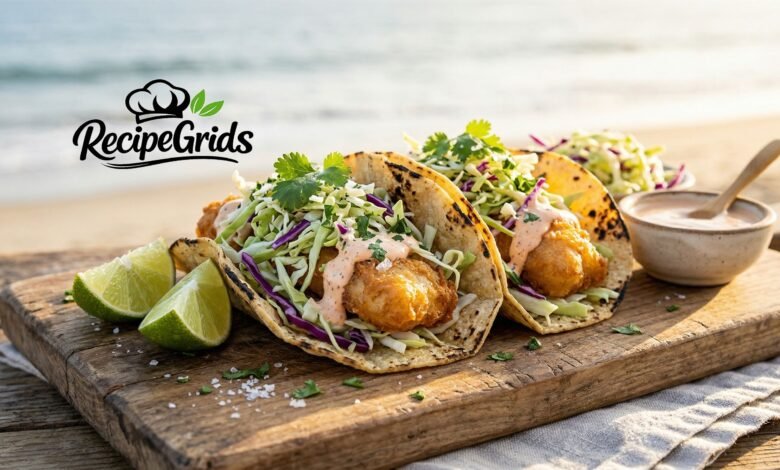 Crispy Baja-style fish tacos with fresh homemade coleslaw and chipotle crema on a wooden board, presented by RecipeGrids.