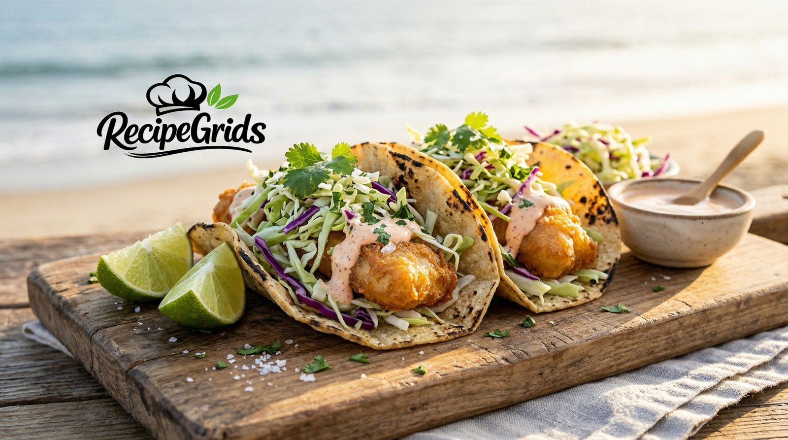 Crispy Baja-style fish tacos with fresh homemade coleslaw and chipotle crema on a wooden board, presented by RecipeGrids.