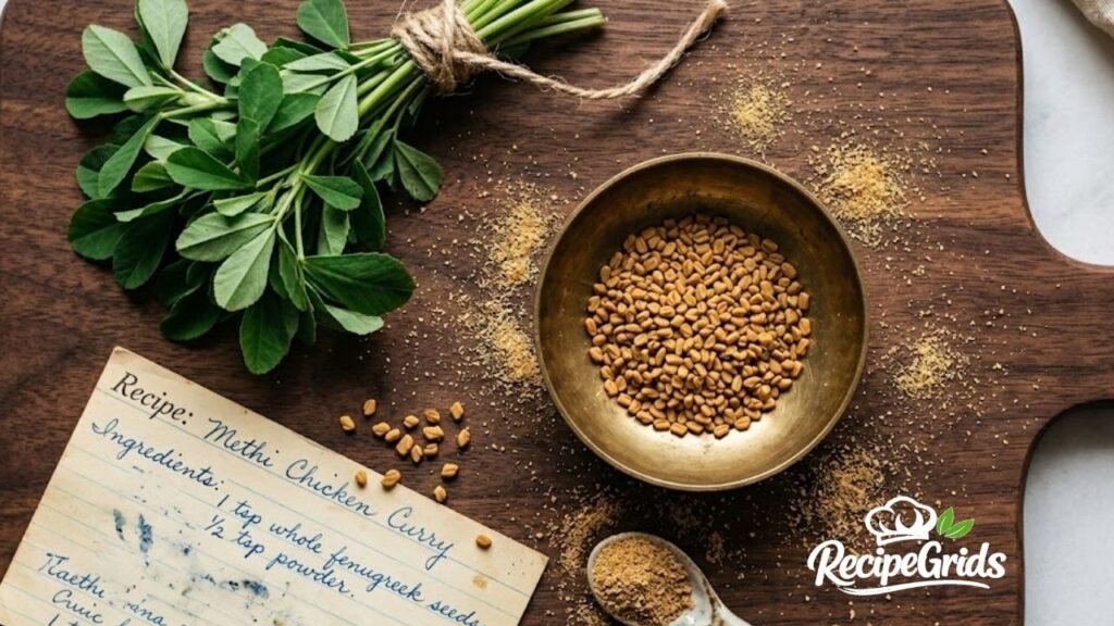 Top-down flat lay of fresh fenugreek leaves bundled with twine, a brass bowl of golden foenegriek seeds, ground powder, and a handwritten vintage recipe card for Methi Chicken Curry on a dark wooden board.