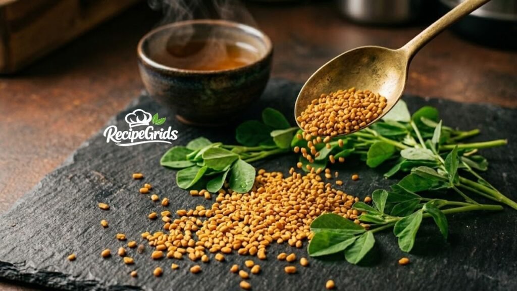 Golden foenegriek seeds spilling from a vintage brass spoon onto a dark slate, alongside fresh green fenugreek leaves and a steaming cup of herbal tea.