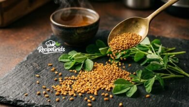Golden foenegriek seeds spilling from a vintage brass spoon onto a dark slate, alongside fresh green fenugreek leaves and a steaming cup of herbal tea.