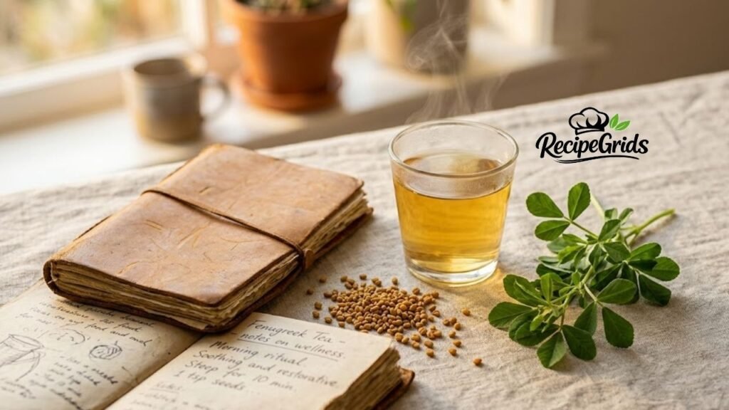 A steaming glass of golden foenegriek tea on a linen cloth, accompanied by scattered seeds, fresh leaves, and an open leather journal with handwritten wellness notes.