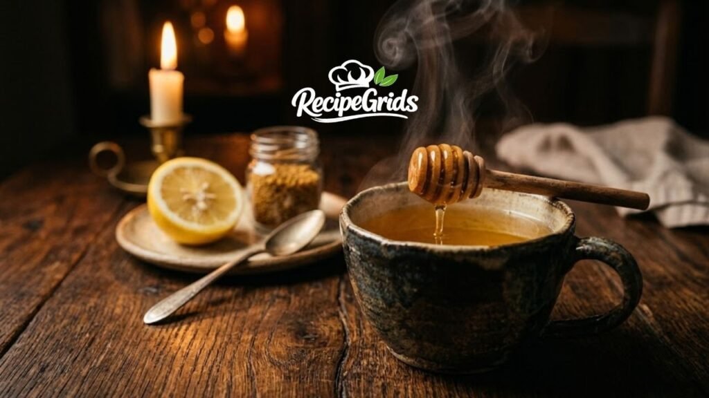 A steaming handmade ceramic mug of golden foenegriek tea with a wooden honey dipper dripping honey, served with a fresh lemon slice and candlelight on a rustic wooden table.
